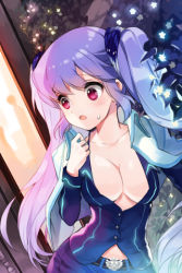 Rule 34 | 1girl, :o, belt, blue hair, breasts, cherrypin, cleavage, gradient hair, jacket, large breasts, long hair, lowres, luthica preventer, multicolored hair, no bra, open clothes, open mouth, pink hair, red eyes, skirt, solo, sword girls, twintails