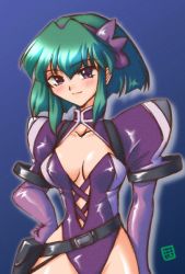 Rule 34 | 00s, 1girl, armband, barnette orangello, belt, belt pouch, blush, bob cut, breasts, cleavage, cleavage cutout, clothing cutout, elbow gloves, gloves, green hair, hair ribbon, hairband, hand on own hip, highleg, highleg leotard, hip focus, leotard, no bra, pouch, purple eyes, ribbon, shiny clothes, short hair, signature, simple background, smile, solo, standing, vandread
