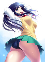Rule 34 | 1girl, :d, arms behind head, arms up, ass, black panties, blue eyes, blue hair, breasts, commentary request, cowboy shot, curvy, eyelashes, fang, floating hair, from below, green skirt, hair between eyes, head tilt, impossible clothes, kurusugawa ayaka, large breasts, light blush, long hair, long sleeves, looking at viewer, looking down, miniskirt, open mouth, panties, pantyshot, pleated skirt, red ribbon, ribbon, shiny skin, shirt, simple background, skirt, smile, solo, standing, straight hair, sweater vest, teeth, thighs, to heart, to heart (series), underwear, upper teeth only, white background, white shirt, yellow sweater vest, zen (kamuro)