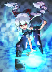Rule 34 | 1girl, :p, alternate costume, alternate hairstyle, bad id, bad pixiv id, bikini, bikini top only, black rock shooter, black rock shooter (character), black rock shooter (cosplay), blue fire, boots, bow, breasts, checkered floor, cleavage, cosplay, downblouse, female focus, fire, floor, fujiwara no mokou, hair bow, hair ribbon, hand in pocket, highres, long hair, multi-tied hair, pants, perspective, red eyes, ribbon, solo, swimsuit, tkhs, tkhs (artist), tongue, tongue out, touhou, twintails, very long hair, white hair