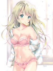 Rule 34 | 1girl, arms behind back, artist name, barefoot, blonde hair, blush, bra, bread, bread slice, breasts, cleavage, colored eyelashes, cowboy shot, food, food in mouth, frilled bra, frilled panties, frills, green eyes, long hair, long sleeves, looking at viewer, medium breasts, mouth hold, navel, off shoulder, one side up, open clothes, open shirt, original, panties, pink bra, pink panties, shirt, solo, standing, stomach, strapless, strapless bra, striped clothes, striped shirt, suihi, toast, toast in mouth, underwear, window