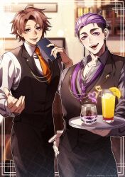 Rule 34 | 2boys, :d, black vest, blurry, blurry background, brown hair, character request, earrings, food, fruit, hand on own hip, heart, highres, holding, holding tray, human bug daigaku, indoors, jewelry, juice, long sleeves, looking at viewer, male focus, mazyogarinokuni, multiple boys, necktie, open mouth, orange (fruit), orange juice, orange slice, purple eyes, purple hair, purple necktie, red necktie, short hair, smile, thick eyebrows, tray, vest, waiter