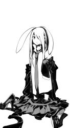 Rule 34 | 1girl, age regression, animal ears, blazer, extra ears, greyscale, hair over one eye, high contrast, high heels, highres, jacket, long hair, monochrome, necktie, oversized clothes, rabbit ears, reisen udongein inaba, ruukii drift, sketch, skirt, sleeves past wrists, solo, touhou, aged down