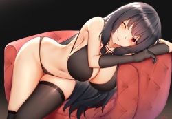 Rule 34 | 1girl, asymmetrical legwear, black bra, black gloves, black hair, black panties, black socks, bra, breasts, couch, gloves, hair ribbon, highres, isokaze (kancolle), kantai collection, kitsune udon (ai br), kneehighs, large breasts, long hair, looking at viewer, navel, on couch, one eye closed, panties, red eyes, ribbon, single kneehigh, single sock, single thighhigh, smirk, socks, solo, thighhighs, tress ribbon, underwear, underwear only, uneven legwear