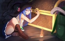 Rule 34 | 1girl, :q, adapted costume, amekosame, ass, backpack, bad id, bad twitter id, bag, bare shoulders, black hat, blue hair, blue skirt, boots, brown footwear, cross-laced footwear, fire, food, fruit, hat, hinanawi tenshi, lace-up boots, leaf, licking lips, lockpick, long hair, miniskirt, one-hour drawing challenge, peach, red eyes, shirt, skirt, sleeveless, sleeveless shirt, solo, tongue, tongue out, touhou, treasure chest, white shirt