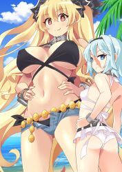Rule 34 | 2girls, anne bonny (fate), anne bonny (fate/grand order), anne bonny (swimsuit archer) (fate), anne bonny (swimsuit archer) (first ascension) (fate), ass, back, bare shoulders, beach, belly chain, belt, bikini, black bikini, black hairband, black headwear, blonde hair, blue eyes, blue shorts, blue sky, blush, breasts, cleavage, collar, cuffs, denim, denim shorts, fate/grand order, fate (series), hairband, hat, highres, jewelry, large breasts, long hair, looking at viewer, mary read (fate), mary read (fate/grand order), mary read (swimsuit archer) (fate), mary read (swimsuit archer) (first ascension) (fate), metal collar, microskirt, multiple girls, navel, open fly, pirate hat, red eyes, scar, scar on face, shimouki izui, shore, short hair, short shorts, shorts, sidelocks, skirt, sky, small breasts, smile, swimsuit, thighs, two side up, white bikini, white hair
