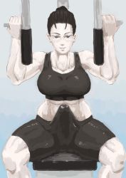 Rule 34 | 1girl, abs, bike shorts, black hair, blush, breasts, bulge, collarbone, colored skin, erection, erection under clothes, forehead, futanari, gaze, gym equipment, gym shirt, gym shorts, large breasts, large penis, looking at viewer, muscular, muscular female, nintendo, pale skin, penis, shirt, shorts, smile, solo, sports bra, sportswear, sweat, thick thighs, thighs, training, white skin, wii fit, wii fit trainer, wii fit trainer (female)