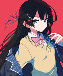 Rule 34 | 1girl, black hair, black jacket, blazer, blue eyes, bow, bowtie, closed mouth, collared shirt, hair ornament, hair ribbon, hairpin, half updo, hand up, jacket, long hair, looking at viewer, nijisanji, off shoulder, open clothes, open jacket, pink bow, pink bowtie, pink ribbon, red background, ribbon, shirt, sidelocks, simple background, smirk, solo, sou (tuhut), straight hair, sweater, tsukino mito, upper body, v-neck, virtual youtuber, white shirt, yellow sweater