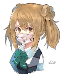 Rule 34 | 1girl, bad id, bad twitter id, commentary request, double bun, dress, hair bun, highres, kantai collection, light brown hair, looking at viewer, mask, michishio (kancolle), michishio kai ni (kancolle), mouth mask, pinafore dress, shirt, short twintails, simple background, sleeveless, sleeveless dress, solo, sunday aki, surgical mask, twintails, upper body, white background, white shirt