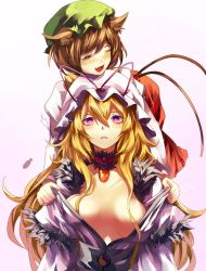 Rule 34 | 2girls, alternate costume, animal ears, assisted exposure, bad id, bad twitter id, blonde hair, blush, breasts, brown eyes, brown hair, cat ears, cat tail, chen, choker, eredhen, fang, gradient background, hat, hat ribbon, jewelry, large breasts, long hair, long sleeves, looking at viewer, mob cap, multiple girls, multiple tails, one eye closed, open clothes, open mouth, parted lips, puffy sleeves, purple eyes, ribbon, sash, smile, tail, touhou, yakumo yukari