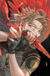 Rule 34 | 1boy, artist name, black background, blonde hair, boku no hero academia, collarbone, covering own mouth, earrings, feathers, fingerless gloves, gloves, hawks (boku no hero academia), holding, holding feather, jewelry, kadeart, looking afar, male focus, short hair, short sleeves, simple background, spiked hair, thick eyebrows, toned, toned male, upper body, wings, yellow eyes