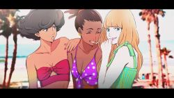 Rule 34 | 3girls, :o, ^ ^, angela carpenter, aqua eyes, arashi (boom sate225), arm at side, arms at sides, bare arms, bare shoulders, beach, bikini, black hair, blonde hair, blunt bangs, blurry, blurry background, breasts, brown hair, carole &amp; tuesday, carole stanley, cleavage, clenched teeth, close-up, closed eyes, collarbone, commentary, curly hair, dark-skinned female, dark skin, day, depth of field, earrings, fingernails, freckles, front-tie top, furrowed brow, green bikini, hand on another&#039;s shoulder, hand to own mouth, hand up, high ponytail, jewelry, laughing, letterboxed, lips, long hair, looking at another, looking away, looking down, looking to the side, multiple girls, nail polish, ocean, open mouth, outdoors, palm tree, pink bikini, pink nails, polka dot, polka dot bikini, ponytail, purple bikini, purple eyes, purple nails, sand, shiny skin, short hair, side-by-side, small breasts, standing, strapless, strapless bikini, striped bikini, striped clothes, swimsuit, symbol-only commentary, teeth, tree, tuesday simmons, upper body, vertical-striped bikini, vertical-striped clothes, very dark skin, very short hair, water