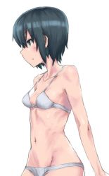 1girl bra breasts commentary_request green_eyes green_hair grey_bra grey_panties kino_(kino_no_tabi) kino_no_tabi monolith_(suibou_souko) navel panties short_hair simple_background small_breasts solo underwear underwear_only white_background