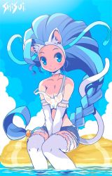 Rule 34 | animal ears, bare shoulders, blue eyes, blue hair, blue sky, breasts, cat ears, cat tail, cloud, crop top, felicia (vampire), floating, long hair, looking to the side, shisui, short shorts, shorts, sky, sleeveless, tail, vampire (game), very long hair, water