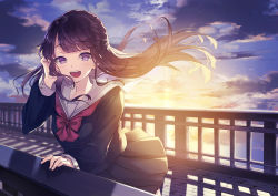 Rule 34 | 1girl, :d, backlighting, black hair, black shirt, black skirt, blue sky, blush, bow, bowtie, cloud, cloudy sky, commentary request, diffraction spikes, floating hair, tucking hair, half updo, hand up, kusaka kou, long hair, long sleeves, looking at viewer, miniskirt, open mouth, original, outdoors, pleated skirt, purple eyes, railing, red bow, red bowtie, sailor collar, school uniform, serafuku, shirt, skirt, sky, smile, solo, sun, sunset, teeth, upper teeth only, white sailor collar, wind, wind lift