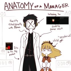 Rule 34 | 1boy, 1girl, absurdres, anatomy of a gamer (meme), arrow (symbol), ayin (project moon), belt, black hair, black hairband, black shirt, blonde hair, brown capelet, capelet, collared shirt, english text, hairband, headphones, highres, lab coat, lobotomy corporation, lobotomy corporation logo, long hair, meme, neck ribbon, paper, project moon, ranchsaucy, ribbon, shirt, tiphereth a (project moon), x (project moon)