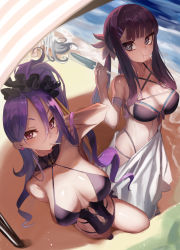 Rule 34 | 2girls, bare shoulders, beach, bikini, black bikini, black hair, breasts, cleavage, clothing cutout, collarbone, earrings, eating, fate/grand order, fate (series), food, from above, front-tie bikini top, front-tie top, hair between eyes, hair ornament, hair scrunchie, hairclip, highres, ice cream, jewelry, large breasts, long hair, looking at viewer, mochi (artist), multiple girls, navel, navel cutout, ocean, one-piece swimsuit, pink eyes, purple hair, sand, scrunchie, side ponytail, sidelocks, stomach, swimsuit, thighs, water, wu zetian (fate), wu zetian (swimsuit caster) (fate), yang guifei (fate)