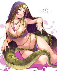 Rule 34 | 1girl, african rock python (kemono friends), blonde hair, bracelet, breasts, chain, chain, cleavage, commentary request, dancer, dated, fingernails, gold chain, gradient hair, green nails, happa (cloverppd), jewelry, kemono friends, large breasts, long fingernails, looking at viewer, multicolored hair, nail polish, navel, necklace, parted lips, pelvic curtain, pink eyes, pink hair, signature, smile, snake tail, solo, tail