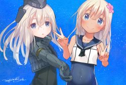 Rule 34 | 10s, 2girls, blonde hair, blue eyes, crop top, cropped jacket, double v, dual persona, facing viewer, garrison cap, hat, kantai collection, kurosu tsugutoshi, long hair, long sleeves, looking at viewer, military, military uniform, multiple girls, one-piece tan, puffy long sleeves, puffy sleeves, ro-500 (kancolle), sailor collar, school swimsuit, signature, smile, swimsuit, swimsuit under clothes, tan, tanline, u-511 (kancolle), underwater, uniform, v