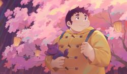 Rule 34 | 1boy, 1other, absurdres, animal, backpack, bag, blush, brown eyes, brown hair, cherry blossoms, child, commentary, dog, fat, fat man, highres, holding, holding animal, holding dog, inugami (housamo), inukai kenta, jacket, lantern, looking to the side, male focus, pawpads, seamonsterping, short hair, signature, smile, thick eyebrows, tokyo houkago summoners, upper body, yellow jacket