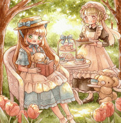Rule 34 | 2girls, apron, backlighting, bear, black shirt, blue bow, blue dress, blue ribbon, blush, book, bow, branch, brown eyes, brown footwear, brown hair, clothing cutout, collar, cup, day, dress, drink, flower, foliage, food, food request, frilled dress, frilled socks, frills, gloves, grass, green eyes, hair bow, hat, hat ribbon, holding, holding book, holding saucer, holding tray, leaf, light brown hair, lolita fashion, long hair, long sleeves, maid, maid headdress, multiple girls, nature, on chair, one eye closed, open mouth, original, painting (medium), peeking, pink flower, pink tulip, plant, porcelain, reading, ribbon, round table, sakano machi, saucer, serving dome, shirt, shoulder cutout, sitting, sleeve cuffs, smile, socks, standing, stuffed animal, stuffed toy, sunlight, sweet lolita, table, tea party, teacup, traditional media, tray, tree, tulip, two-tone dress, under tree, watercolor (medium), white apron, white collar, white gloves, white headwear, white socks