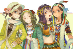 Rule 34 | 4girls, bow, braid, brown eyes, brown hair, choker, circlet, closed eyes, dress, flower, green dress, green hair, hair bow, hair ornament, hair tie, hand on own hip, hat, hat flower, headband, holding another&#039;s arm, holding own arm, jewelry, long hair, long sleeves, looking at viewer, midriff, moyuvvx, multiple girls, necklace, open mouth, orange dress, original, purple hair, red eyes, short hair, simple background, smile, traditional clothes, tribal, twin braids, wide sleeves
