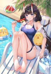 Rule 34 | 1girl, armpit crease, ass, azur lane, bare shoulders, barefoot, black hair, blue eyes, blue one-piece swimsuit, breasts, cleavage, collared shirt, commentary, day, english commentary, feet, food, fruit, hair ornament, hair scrunchie, hairclip, highres, holding, holding skewer, horns, iino (isnyong), innertube, knees up, licking lips, light blush, long hair, looking at viewer, low twintails, manjuu (azur lane), medium breasts, noshiro (azur lane), noshiro (unwinding in the sunshine) (azur lane), off shoulder, official alternate costume, one-piece swimsuit, oni horns, open clothes, open shirt, outdoors, palm leaf, pool, reclining, scrunchie, shirt, skewer, solo, strawberry, sunlight, swim ring, swimsuit, thigh strap, thighs, toes, tongue, tongue out, twintails, very long hair, watermelon, watermelon slice, white shirt