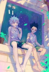 Rule 34 | 2boys, bare arms, bare legs, black hair, blue eyes, blue shorts, brick, brown eyes, bush, crossed legs, eating, feet, fingernails, food, full body, gon freecss, green shorts, holding, holding food, holding popsicle, hunter x hunter, killua zoldyck, leaf, looking at another, male focus, messy hair, multiple boys, open mouth, pale skin, partially undressed, plant, popsicle, potted plant, short hair, short shorts, shorts, sitting, smile, spiked hair, tank top, toes, white hair, white tank top, window, yanmian (printemps-noir)