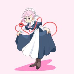 Rule 34 | 1girl, alternate costume, apron, apron lift, clothes lift, curtsey, enmaided, highres, jitome, komeiji satori, lifted by self, maid, pink background, pink eyes, pink hair, shinsei tomato, skirt, skirt hold, skirt lift, solo, touhou
