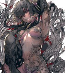 Rule 34 | 1girl, anya (spy x family), arm behind head, armpits, black hair, blood, blood on face, breast tattoo, breasts, breasts out, dagger, highres, knife, leg up, looking at viewer, midriff, mole, mole under mouth, navel, nipples, parkjinsuky, solo, spy x family, stiletto (weapon), tattoo, upper body, weapon, white background, yor briar