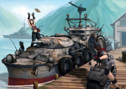 Rule 34 | 3girls, anchor, barrel, boat, delivery, dock, female focus, fingerless gloves, fishing, fishing rod, gas can, gloves, goggles, gun, gunship, hat, jerry can, mail, military, military vehicle, motor vehicle, motorcycle, mountain, multiple girls, ocean, okita, original, panzer iv, panzer iv, pier, rope, sailor, ship, tank, throwing, tire, turret, vehicle, water, watercraft, weapon, wrench