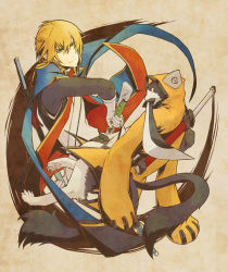 Rule 34 | 1boy, animal ears, animal hood, arc system works, blazblue, blazblue: calamity trigger, blonde hair, cat, cat ears, cat hood, collair (cono), gloves, green eyes, highres, hood, jubei (blazblue), kisaragi jin, military, military uniform, mouth hold, multiple tails, over shoulder, red hair, sheath, sheathed, short hair, sword, sword over shoulder, tail, uniform, unsheathing, weapon, weapon over shoulder, white gloves