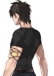 Rule 34 | 1boy, bad id, bad pixiv id, brown hair, fate/zero, fate (series), from behind, kotomine kirei, male focus, ocha (oteaaa), shirt, simple background, skindentation, solo, string, t-shirt, translated, white background