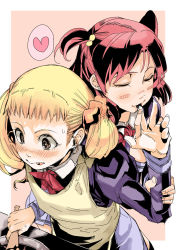 Rule 34 | 2girls, :p, apron, blonde hair, blush, blush stickers, border, brown eyes, chocolate, commentary request, cooking, cowboy shot, closed eyes, finger in another&#039;s mouth, foreshortening, from above, hair bobbles, hair ornament, hair scrunchie, heart, kasugano urara (yes! precure 5), l&#039;ecole des cinq lumieres school uniform, long hair, long sleeves, multiple girls, nose blush, pink background, pink hair, precure, sapphire satou, school uniform, scrunchie, short hair, short twintails, spatula, speech bubble, spoken heart, sweatdrop, tongue, tongue out, twintails, valentine, white border, yes! precure 5, yumehara nozomi, yuri