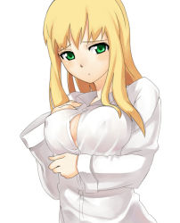 Rule 34 | 1girl, bad id, bad pixiv id, blonde hair, breast hold, breasts, embarrassed, green eyes, large breasts, long hair, napori, solo