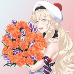 Rule 34 | 1girl, beret, blonde hair, blue eyes, blush, bouquet, dress, flower, gradient background, hat, highres, holding, holding bouquet, kantai collection, long hair, long sleeves, mole, mole under eye, mole under mouth, open mouth, orange flower, pom pom (clothes), purple flower, richelieu (kancolle), shingyou (alexander-13), smile, solo, strapless, strapless dress, upper body, white dress, white hat