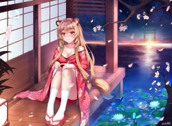 Rule 34 | 1girl, absurdres, animal ears, breasts, brown hair, cherry blossoms, closed mouth, dahe zhuang (yishi fanhua), flower, hair flower, hair ornament, highres, japanese clothes, large breasts, lily pad, looking at viewer, raccoon ears, raccoon girl, raccoon tail, raphtalia, sandals, sitting, smile, solo, tail, tate no yuusha no nariagari, water