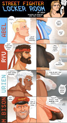 5boys abel_(street_fighter) absurdres bara beard blonde_hair blue_eyes blush body_hair boxer_briefs braid braided_ponytail briefs brown_hair bulge covered_penis covered_testicles dark-skinned_male dark_skin english_text facial_hair full_beard hat headband highres hudsona jockstrap large_bulge large_penis leg_hair locker locker_room m._bison male_focus male_underwear mask mature_male multiple_boys multiple_scars muscular muscular_male navel_hair penis penis_chart penis_size_difference red_headband revealing_clothes ryu_(street_fighter) scar scar_on_face short_hair sideburns speech_bubble street_fighter testicles thick_eyebrows thighs thong torn_underwear underwear underwear_only urien vega_(street_fighter) veins veiny_penis white_hair