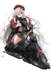 Rule 34 | 1girl, absurdres, assault rifle, bare shoulders, beret, black footwear, black jacket, black shirt, black thighhighs, blush, boots, breasts, casing ejection, clothes pull, commission, crop top, cross, firing, full body, g36c (girls&#039; frontline), g36c (mod3) (girls&#039; frontline), garter straps, german flag, girls&#039; frontline, grey hair, grey skirt, gun, h&amp;k g36c, hair ornament, hair over one eye, hairclip, hat, highres, holding, holding gun, holding weapon, iron cross, jacket, jacket pull, knee pads, long hair, long sleeves, looking at viewer, magazine (weapon), medium breasts, mod3 (girls&#039; frontline), on one knee, open clothes, open jacket, open mouth, pixiv commission, red eyes, red hat, rifle, rynn (rynn cube), scope, shell casing, shirt, skirt, solo, thighhighs, thighs, weapon, white background