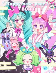 Rule 34 | :d, absurdres, adapted costume, animal ear hairband, animal ears, arm up, bent v, black hairband, blue bow, blue hair, blunt bangs, bow, carron (pretty series), carron (rabbit) (pretty series), chinese zodiac, closed eyes, commentary request, cowboy shot, drill hair, fake animal ears, green hair, hair bow, hairband, hand up, highres, idol land pripara, japanese clothes, katasumi amari, kimono, kiratto pri chan, long hair, long sleeves, looking at viewer, manaka non, momokan (mmkn100), new year, open mouth, outline, pink bow, pink eyes, pretty series, pripara, puffy sleeves, purple eyes, purple hair, rabbily (kiratto pri chan), rabbit ear hairband, rabbit ears, side ponytail, smile, standing, twin drills, twintails, usacha, usagi (pripara), v, very long hair, waccha primagi!, white kimono, white outline, wide sleeves, year of the rabbit
