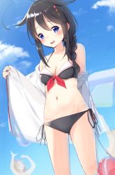 Rule 34 | 3girls, arm up, arms up, ball, bare shoulders, beachball, bikini, black bikini, black hair, blue eyes, blue sky, blush, braid, breasts, brown hair, cleavage, cloud, commentary request, day, dx (dekusu), fingernails, hair flaps, hair ornament, highres, jacket, kantai collection, long hair, multiple girls, navel, off shoulder, open clothes, open jacket, open mouth, outdoors, remodel (kantai collection), shigure (kancolle), shiratsuyu (kancolle), side-tie bikini bottom, single braid, sky, small breasts, solo focus, sweat, swimsuit, white jacket, yuudachi (kancolle)