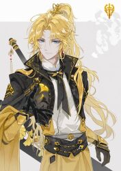 Rule 34 | 1boy, absurdres, arm guards, black gloves, black jacket, black necktie, black sash, blonde hair, blue eyes, chinese clothes, closed mouth, cropped jacket, curtained hair, earrings, gem, ginkgo leaf, gloves, gold trim, grey background, hair ornament, high ponytail, highres, jacket, jewelry, lars rorschach, layered sleeves, leaf, long hair, long sleeves, looking at viewer, lovebrush chronicles, male focus, necktie, object floating above hand, open clothes, open hand, open jacket, parted bangs, red gemstone, robe, sash, shirt, smile, solo, standing, tassel, upper body, weapon, weapon on back, white shirt, wide sleeves, xue ezi, yellow robe