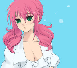 Rule 34 | 00s, 1girl, blouse, breasts, cleavage, feldt grace, green eyes, gundam, gundam 00, large breasts, lowres, pink hair, plum (arch), shirt, solo