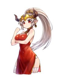 Rule 34 | 10s, 1girl, aliza (granblue fantasy), bare shoulders, blush, breasts, chan co, china dress, chinese clothes, cleavage, cleavage cutout, clothing cutout, cropped legs, draph, dress, earrings, female focus, granblue fantasy, hair slicked back, horns, jewelry, large breasts, long hair, looking at viewer, pointy ears, ponytail, red dress, red eyes, red hair, ribbed legwear, see-through, side slit, silver hair, simple background, solo, thighhighs, white background, white thighhighs