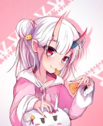 Rule 34 | 1girl, bell, blurry, blurry background, closed mouth, collarbone, doritos, double bun, drawstring, drop shadow, fang, fingernails, food, glasses, hair bun, highres, holding, holding food, hololive, hood, hood down, horns, jingle bell, long hair, long sleeves, looking at viewer, mouth hold, multicolored hair, nail polish, nakiri ayame, oni, pink background, pink sweater, pink theme, poyoyo (nakiri ayame), red eyes, red hair, red nails, sharp fingernails, shen li, skin-covered horns, skin fang, sleeves past wrists, streaked hair, sweater, upper body, virtual youtuber