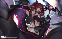 Rule 34 | 1girl, artist name, bad id, bad pixiv id, bat wings, breasts, character name, elsword, gloves, karis (elsword), red eyes, red hair, smile, solo, swd3e2, thighhighs, twintails, wings