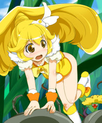 Rule 34 | 10s, 1girl, akanbe (smile precure!), bad id, bad pixiv id, blonde hair, blush, bottomless, bow, cure peace, embarrassed, grass, hair flaps, kise yayoi, long hair, magical girl, mini person, minigirl, no panties, open mouth, precure, sch, smile precure!, yellow bow, yellow eyes, yellow theme
