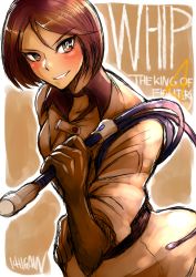 Rule 34 | 1girl, breasts, brown eyes, brown hair, character name, copyright name, highres, ichigai (hayawossan), military, military uniform, short hair, solo, the king of fighters, uniform, whip, whip (kof)
