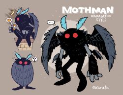 Rule 34 | ..., 1boy, ?, absurdres, antennae, black wings, chimney, colored skin, crescent, english text, feathered wings, grey skin, highres, juice, juice box, mixed-language commentary, monster, moon, mothman, multiple wings, orange juice, original, rariatto (ganguri), red eyes, sitting, spoken ellipsis, spoken question mark, standing, twitter username, wings