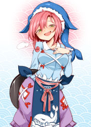 Rule 34 | 1girl, animal hat, apron, blue background, blue hat, blue shirt, breasts, commentary request, contrapposto, gradient background, green eyes, hair between eyes, harusame (unmei no ikasumi), hat, head tilt, holding, long hair, long sleeves, looking at viewer, medium breasts, okunoda miyoi, pink background, pink hair, purple skirt, shirt, skirt, smile, solo, standing, touhou, tray, waist apron, whale hat